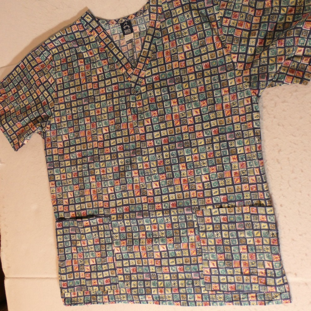 Barco Womens Scrub Top M Navy Multicolor Earthy Fall Medical Healthcare Uniform